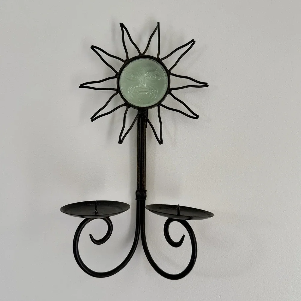 Vintage Metal Celestial Glass Sun Face Wall Mounted Double Candle Holder Sconce